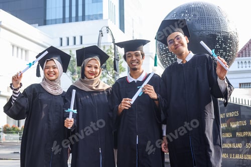 Preview: Successful group of young graduated students standing in row with diplomas in hands