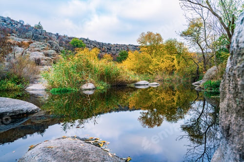 Preview: A fast clean stream runs among smooth wet stones surrounded by tall dry lumps