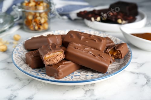 Preview: Delicious chocolate candy bars on white marble table, closeup