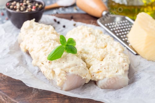 Preview: Preparation of cod fillet under cheese, mustard, pepper and crea