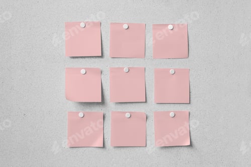 Preview: Blank pink note papers, memos on gray wall