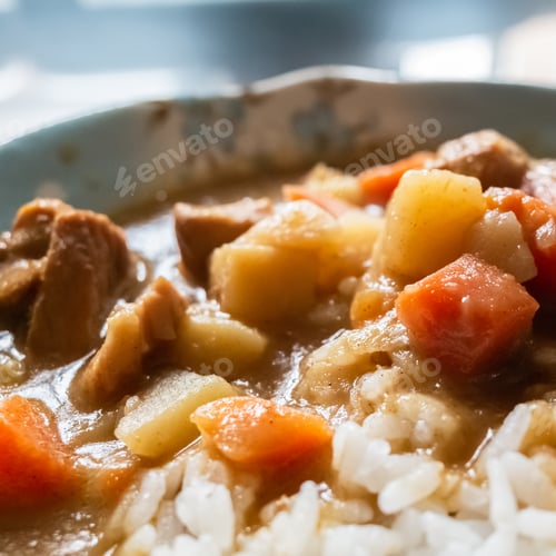 Preview: Curry Sauce With Beef And Rice On Table