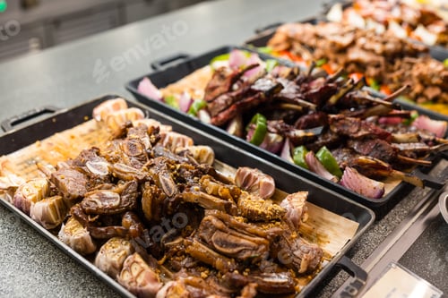 Preview: Barbecue meat served hot at buffet restaurant