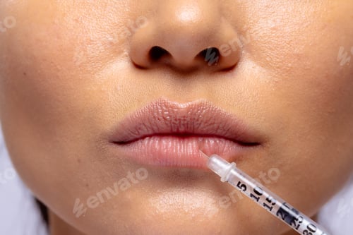 Preview: Close up of the lips of asian woman having collagen filler injection