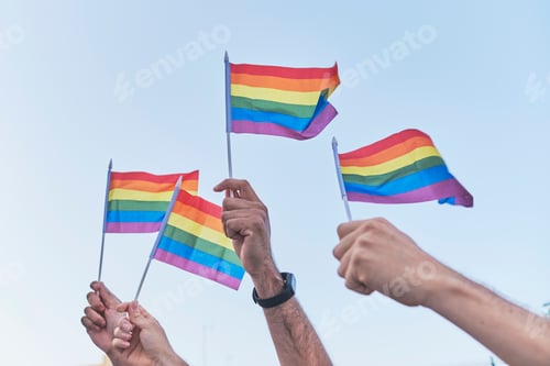 Preview: Crowd Waving Rainbow Flags At Pride Parade