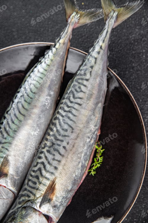 Preview: fresh mackerel raw fish seafood meal food snack on the table copy space food background rustic top