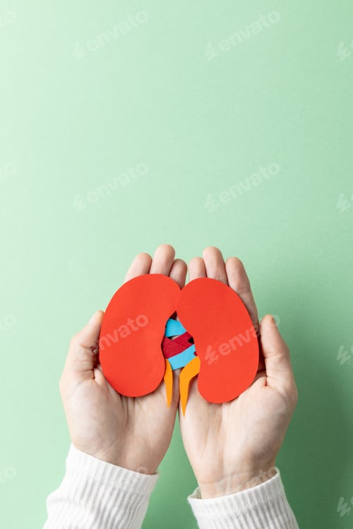 Preview: Vertical composition of hands holding kidneys on green background with copy space
