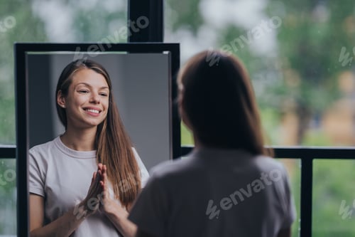 Preview: Grateful young brunette hispanic woman in white t-shirt stands at mirror toothy smiles folded hands