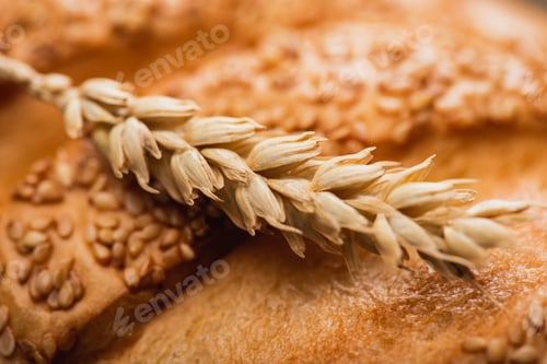 Preview: close up view of fresh baked white bread loaf with spikelet
