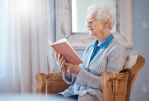 Preview: Book, reading and senior woman in home retirement with glasses and calm mindset, knowledge and lear