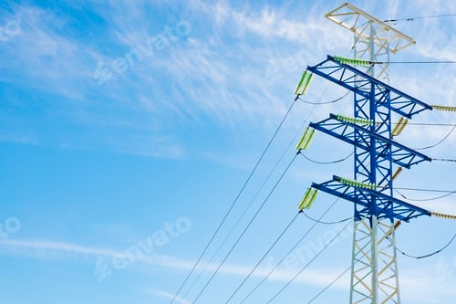 Preview: a high-voltage electricity pylons against blue sky and clouds power line electric post