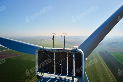 Preview: Aerial view of part of windmill turbine in countryside, Green energy