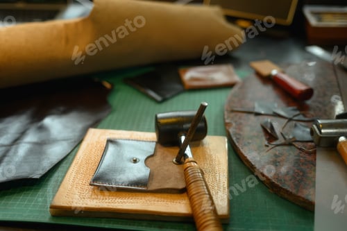 Preview: Black leather wallet and craft work tools on the workbench. Small business and handmade concept