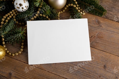 Preview: Christmas 7x5 card mockup template on natural fir twigs on wooden background