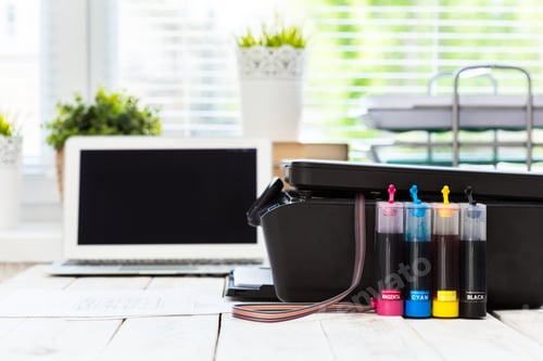 Preview: Printer and computer. Office table