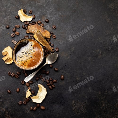 Preview: Mushroom Chaga Coffee Superfood Trend-dry and fresh mushrooms and coffee beans on dark background
