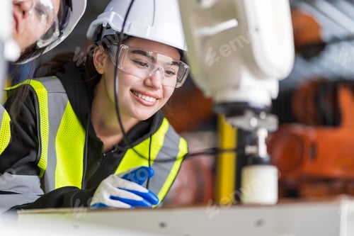 Preview: A team of female engineers meeting to inspect computer-controlled steel welding robots.