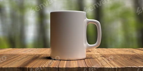 Preview: Coffee mug white color, nature green background. Hot beverage cup mockup template. 3d illustration