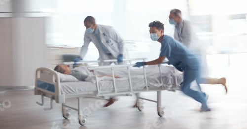 Preview: Doctors, team and rush with bed in hospital for healthcare emergency, surgery operation and first a