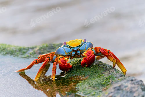 Preview: a crab with bright blue legs and orange skin on its back on the rocks