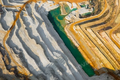 Preview: Top view on a sand quarry. Arial view on a mining of natural resources or ore. Green river separates