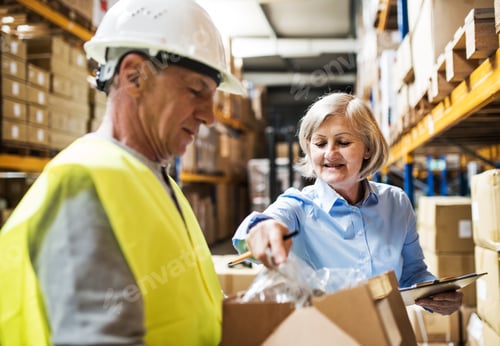 Preview: Senior woman manager and man worker working in a warehouse.