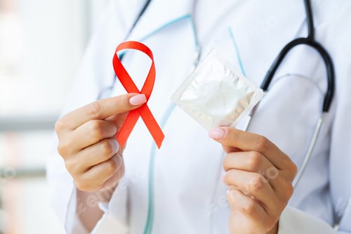Preview: Doctor holding a red ribbon and condom calling for safe sex and protection from AIDS