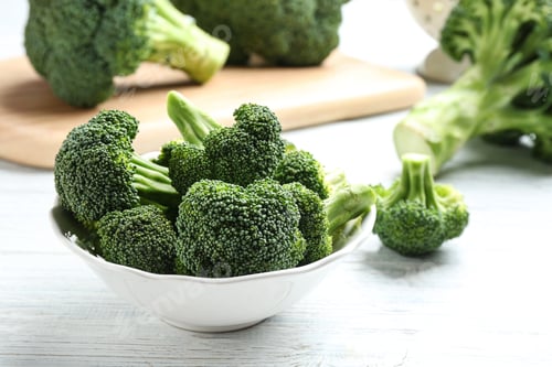 Preview: Plate of fresh green broccoli on white wooden table, closeup view. Space for text