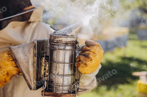 Preview: Close-up of beekeeper holding smoker in bee farm