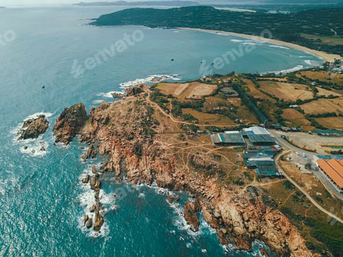 Preview: Aerial drone view of rocky coastal scenery in Ganh Da Dhia, Phui Yen, Vietnam