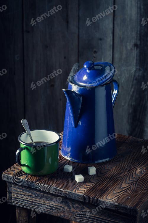 Preview: Fresh black coffee and vintage blue pot