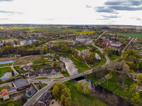 Preview: Bridge over Berze river and ancient medieval castle ruins Dobele Latvia, aerial drone view