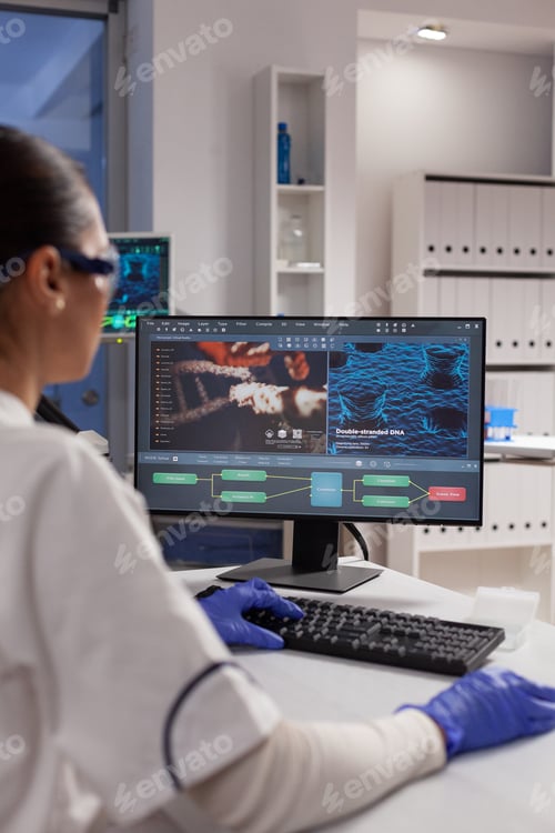 Preview: Biologist doctor woman analyzing virus expertise on computer