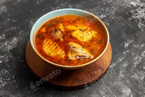 Preview: Top view of tasty chicken soupon cutting board