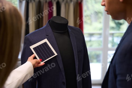 Preview: Couturiers selecting fabric color for new item of men clothing