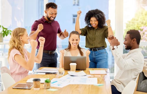 Preview: Office success, business support and celebration on laptop computer during meeting, motivation for