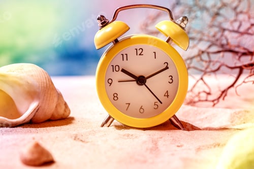 Preview: Summer sand sea beach with waves and alarm clock