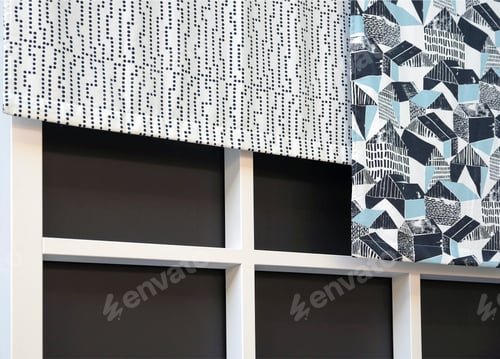 Preview: Fabric Curtains Dark And Light Colors. Against A Dark Window With A Light Frame.