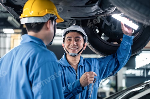 Preview: Asian two automotive mechanic men wear helmet work in mechanics garage.