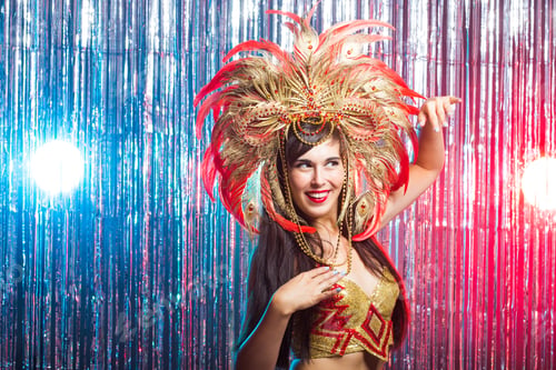 Preview: Carnival, belly dance and holiday concept - Beautiful female samba dancer wearing gold costume and