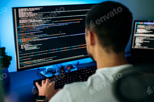 Preview: Smart male programmer sits at home office in front of computer screen with programming code abstract