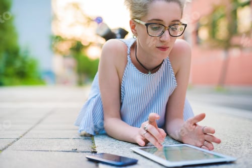 Preview: Young woman outdoor using tablet