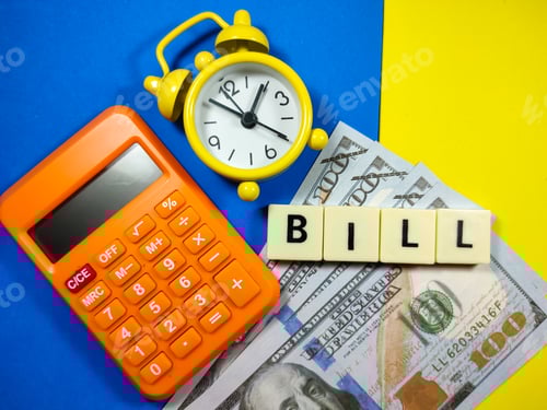 Preview: Calculator,clock and dollar banknotes with word BILL on blue and yellow background.Business concept.