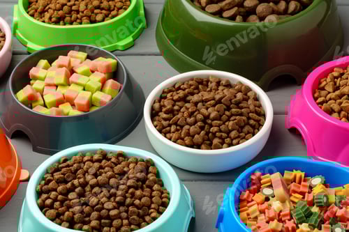 Preview: Various pet bowls with dry food on gray wooden background