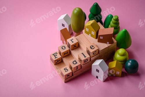 Preview: Wooden Houses and Trees with For Sale Blocks