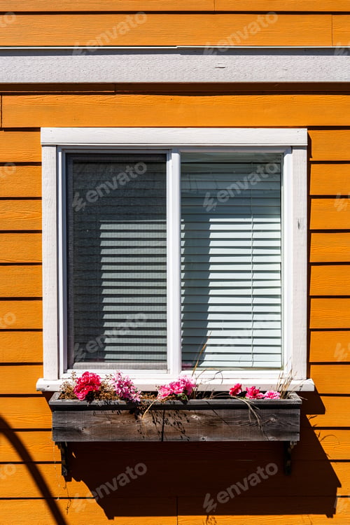 Preview: Vertical shot of a cute window with flower pots on the fence surrounded by a yellow wall