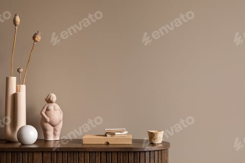 Preview: Warm and cozy living room interior with wooden sideboard, personal accessories. Home decor. Template