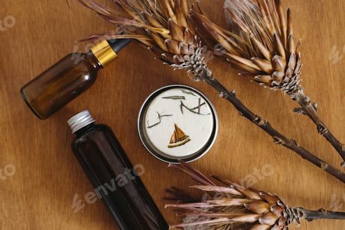 Preview: Solid natural herbal soap, shampoo and serum in glass bottles