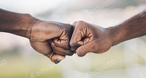 Preview: Fist bump, closeup and hands celebrating as teamwork on sports field winning and power of working t