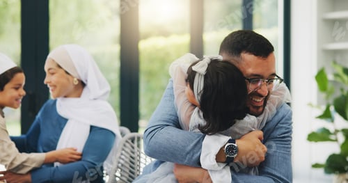 Preview: Family, hug or love with father and daughter in dining room of home together for pride or support.